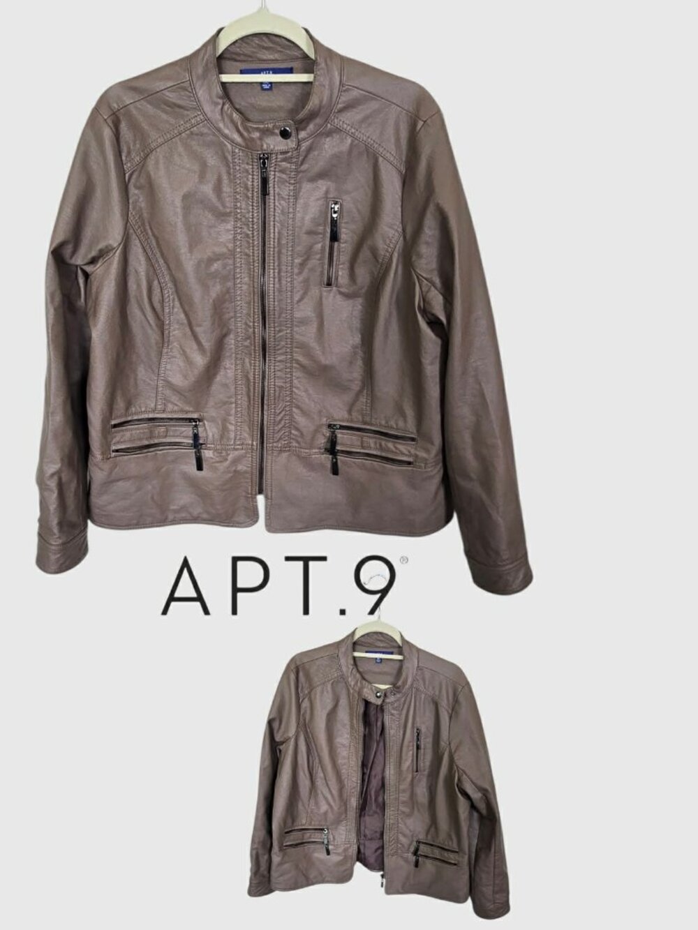 Apt 9 Taupe Brown Imitation Leather Moto Jacket Full Zip Mock Collar Womens XXL